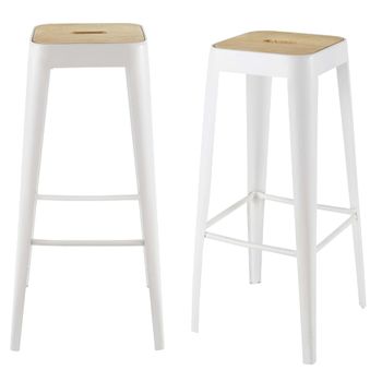 Taburetes de bar industriales profesionales H79 de madera de mango y acero blanco (x2)