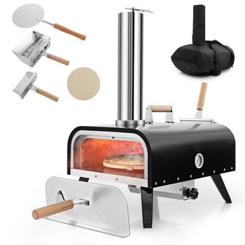 Costway Horno de Pizza Portátil con Termómetro Piedra para Pizza de 30 cm Estufa de Pizza de Pellets de Madera Multiusos 75 x 42 x 70 cm Plata