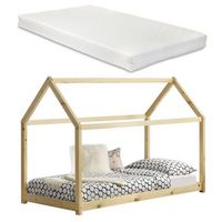 cama infantil tipo cabana casera con colchon y somier de madera de pino natural 90 x 200 cm 030002642