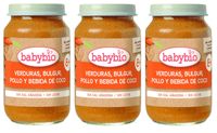 babybio tarrito mis primeros trocitos verduras bulgur pollo y bebida de coco 8m 3x200 gr