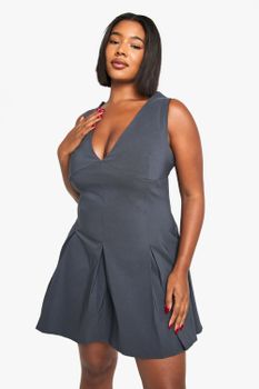 Plus Bengaline Plunge Pleated Skirt Mini Dress, Gris