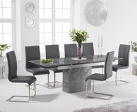 metropolis 160cm extending grey marble dining table with malaga faux leather chairs - black 4 chairs