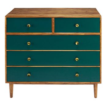 Cómoda de acacia maciza con 5 cajones verde 100 cm