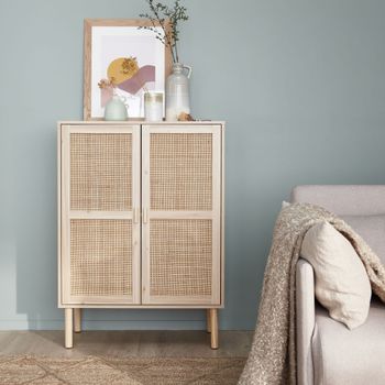 Aparador de efecto caña y madera con 2 puertas, 80cm, natural