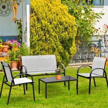 Juego De Mesita Y Sillón Y Banco Muebles De Patio Mesa De Centro Mesita De Jardín De Hierro Y Tela De Malla Para Terraza Exterior Gris