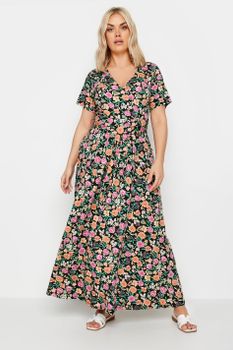 Yours Vestido Cruzado Negro De Flores Rosadas, Mujer Curvy Y Tallas Grandes, Yours