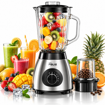 Batidora de Vaso 2 en 1 con Molinillo de Café, 400W, Jarra de Cristal Termorresistente 1,5L, 3 Velocidades + Función Pulse y Pica Hielo, Batidora para Smoothies, Zumos, Gazpacho, Salmorejo y Salsas,