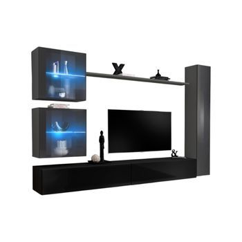 Conjunto De Muebles De Salón Mural Switch Xviii Diseño, Color Negro Y Gris Brillante.