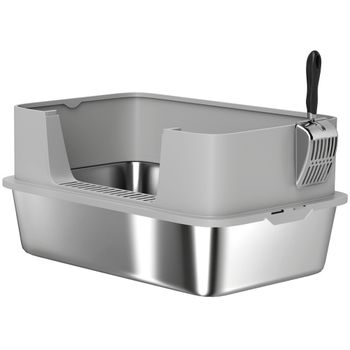 PawHut Arenero para Gatos de Acero Inoxidable XL con Borde Alto Pala Fácil de Limpiar Prueba de Fugas 60x40x29,5 cm Gris