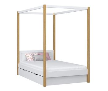 Cama individual de madera con dosel y cajón n02 blanco / roble