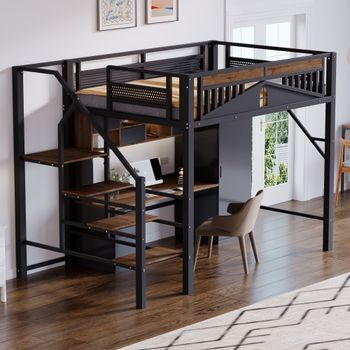 Cama Alta De 140 X 200 Cm Con Escalera De Seguridad Y Espacio De Almacenamiento Bajo La Cama - Metal Y Mdf - Negro (sin Colchón)