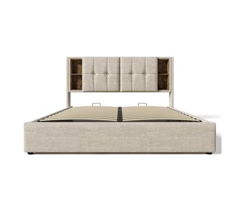 Cama doble 140x200cm - carga inalámbrica usb c, estructura de madera con almacenamiento, cabecero ajustable - natural