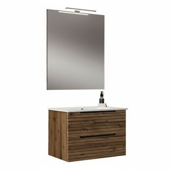 Kibath Mueble De Baño Con Lavabo, Espejo Y Aplique Led Ken 60x45 Cm Acabado Desierto Mate 2 Cajones Suspendido