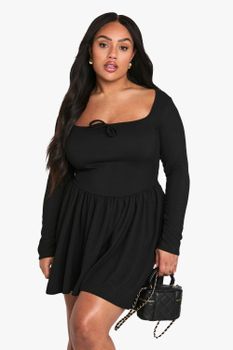 Vestido Plus Skater De Canalé Con Lazo, Negro