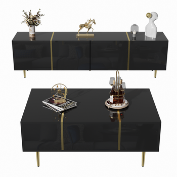 Conjunto De Mueble De Tv Y Mesa De Centro En Negro Brillante, Diseño Elegante, Mdf (170 X 35 X 46 Cm / 100 X 60 X 41,5 Cm)