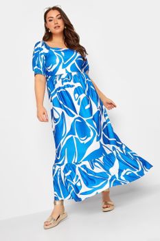 Yours Vestido Largo Blanco Y Azul Estampado, Mujer Curvy Y Tallas Grandes, Yours