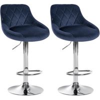 juego de 2 taburetes de bar con costuras decorativas de rombos asiento de terciopelo azul y estructura de metal cromado tdb10767
