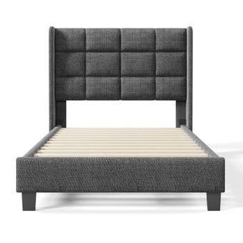 Cama Tapizada En Tela De Lino 90x200cm Con Cabecero Y Somier Gris