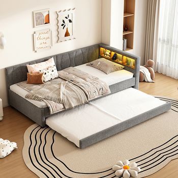 Cama De Descanso 90x200 Cm Cama De Día Sofá Cama Compartimento De Almacenamiento Debajo De La Cama Usb+tipo C Mando A Distancia Para Iluminación Led De Ambiente Cama Con Cama Nido Cama Con Somier De Listones (sin Colchón) Lino Gris