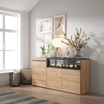 Cómoda efecto madera roble 157x35x75cm chimenea efecto fuego