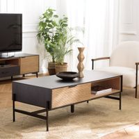 mesa de centro con 2 cajones de madera de pino y metal marron y negro