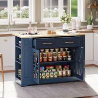 isla de cocina azul de 120 cm con mesa plegable puertas de cristal y ruedas con freno