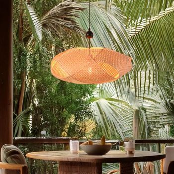 Lámpara Colgante De Mimbre Tejido A Mano, Diseño Geométrico Estilo Natural Boho, Casquillo E27, Ideal Para Salón O Comedor, Negro, Ø61 Cm