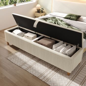 Banco Con Almacenamiento - Mueble De Dormitorio - Pana Y Madera - Beige (175x38x46cm)