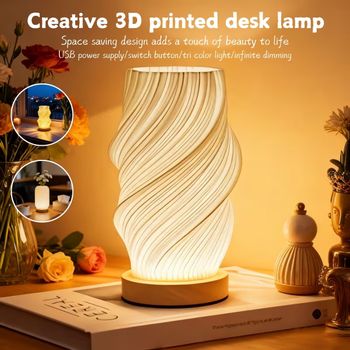 1 lámpara de escritorio 3D con base de madera estilo crema USB, luz ambiental ajustable para la mesita de noche, utilizada para la decoración de la sala de estar/comedor.