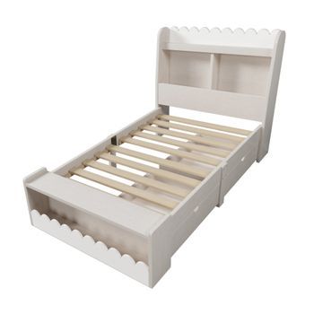 Cama Individual Infantil Con Cajones, Estantería Y Banco Con Almacenamiento, Estructura De Madera 90x200 Cm, Blanca Con Acabado En Roble (sin Colchón)