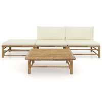 conjunto de muebles de jardin 4 uds  mesa y sillas bambu y cojines blanco crema