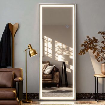 Espejo De Cuerpo Entero Led 160x50 Cm Con Iluminación Regulable En 3 Tonos, Marco Plateado Moderno Y Diseño De Pie Ideal Para Dormitorio O Salón