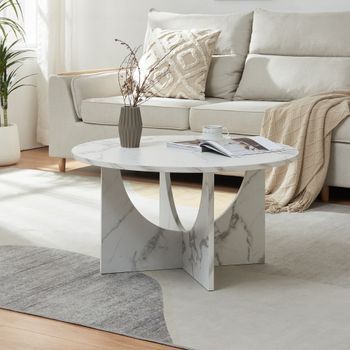 Mesa De Centro Rindal Redonda Ø80x42 Cm - Efecto Mármol Blanco [en.casa]