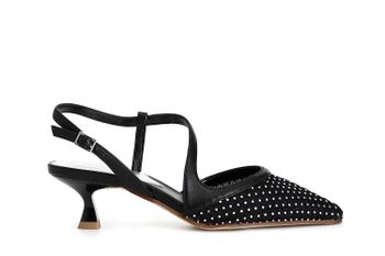 zapato de salón abierto por detrás modelo asimétrico de red con pedrería en la parte delantera black