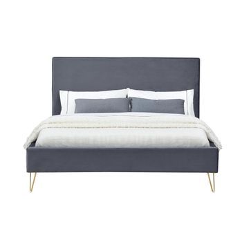 Cama De Terciopelo Gris Y Latón De 140 Riverside