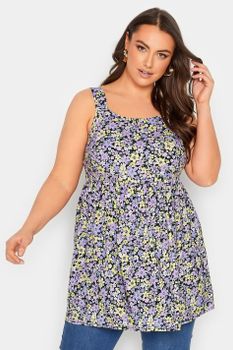 Yours Top De Flores Lila De Tirantes Espalda Fruncida, Mujer Curvy Y Tallas Grandes, Yours