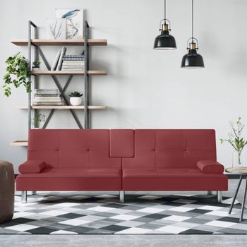 Sofá Cama Moderno | Cama Para Adulto Con Portavasos Cuero Sintético Rojo Tinto Cfw70597