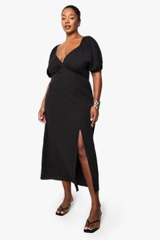 Vestido Plus Midaxi Efecto Lino Con Mangas Abullonadas Y Atadura En La Espalda, Negro