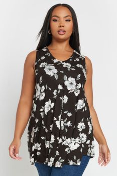 Yours Top Sin Mangas Con Vuelo Negro De Flores, Mujer Curvy Y Tallas Grandes, Yours