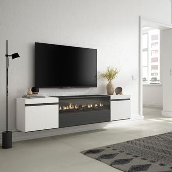 Mueble tv efecto madera blanco y negro 200x35x45 chimenea efecto fuego