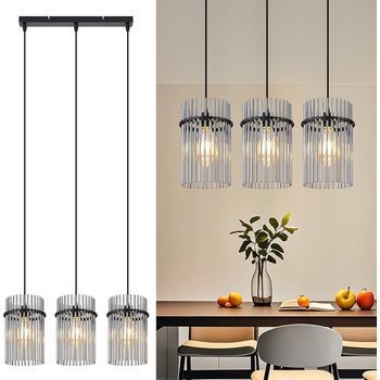 Lámpara Colgante Vintage Nettlife Negra, Lámpara De Cristal De 3 Luces, Casquillo E27, Ø 16 Cm, Para Mesa De Comedor, Salón (sin Bombillas).
