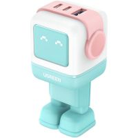 ugreen uno cargador rapido 65w gan de 2 puertos usb-c  1 puerto usb-a con pantalla led azulrosa