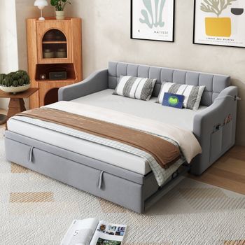 Cama Tapizada Sofá Cama 2 En 1 90x180x190 Gris Claro Terciopelo Toma Corriente Bolsillo Almacenamiento