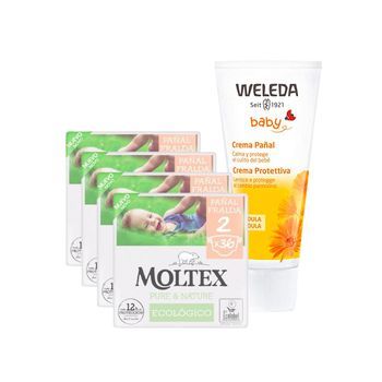Pack Especial  Crema De Pañal De Caléndula Weleda 75ml  + Pack Ahorro Pañales T2 (3-6 Kg) Moltex Pure & Nature 144 Uds