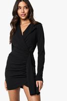 vestido americana fruncido drapeado de manga larga negro