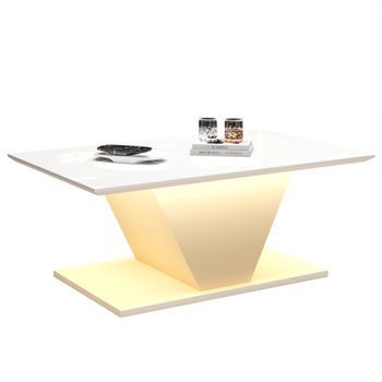 Mesa De Centro De Alto Brillo - Forma De V - Mesa De Salón Con Luces Led - Blanca