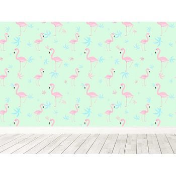 Fotomural Vinilo Infantil Flamencos Rosa Verde 350 X 250 Cm