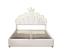 cama contenedor tapizada en piel sintetica 140x200 cm - cama princesa con led y molduras de techo - blanco