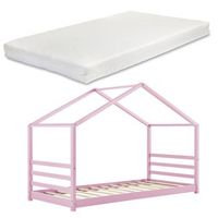 casita-cama infantil con colchon y somier de madera de pino rosa 90x200 cm 030005491