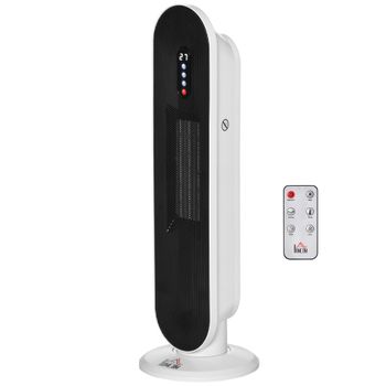 HOMCOM Calefactor Cerámico de Torre con Mando a Distancia Termostato Temporizador 24H y Sistema Antivuelco 21x21x63,5 cm Blanco y Negro   Aosom España